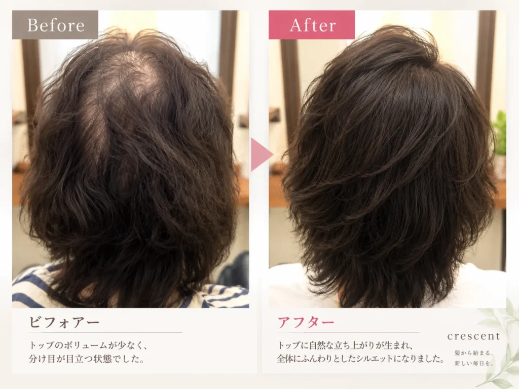 40代女性の分け目とトップのボリュームの変化を比較したビフォーアフター写真