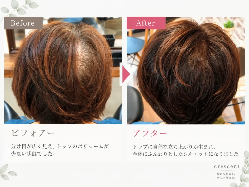 分け目とトップのボリュームが自然に整った女性の髪のBefore/After