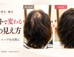 髪型のビフォーアフターと、アンダーで長さ、ミドルでサイドの丸み、トップで高さを整える、ひし形シルエットのカット解説図です。